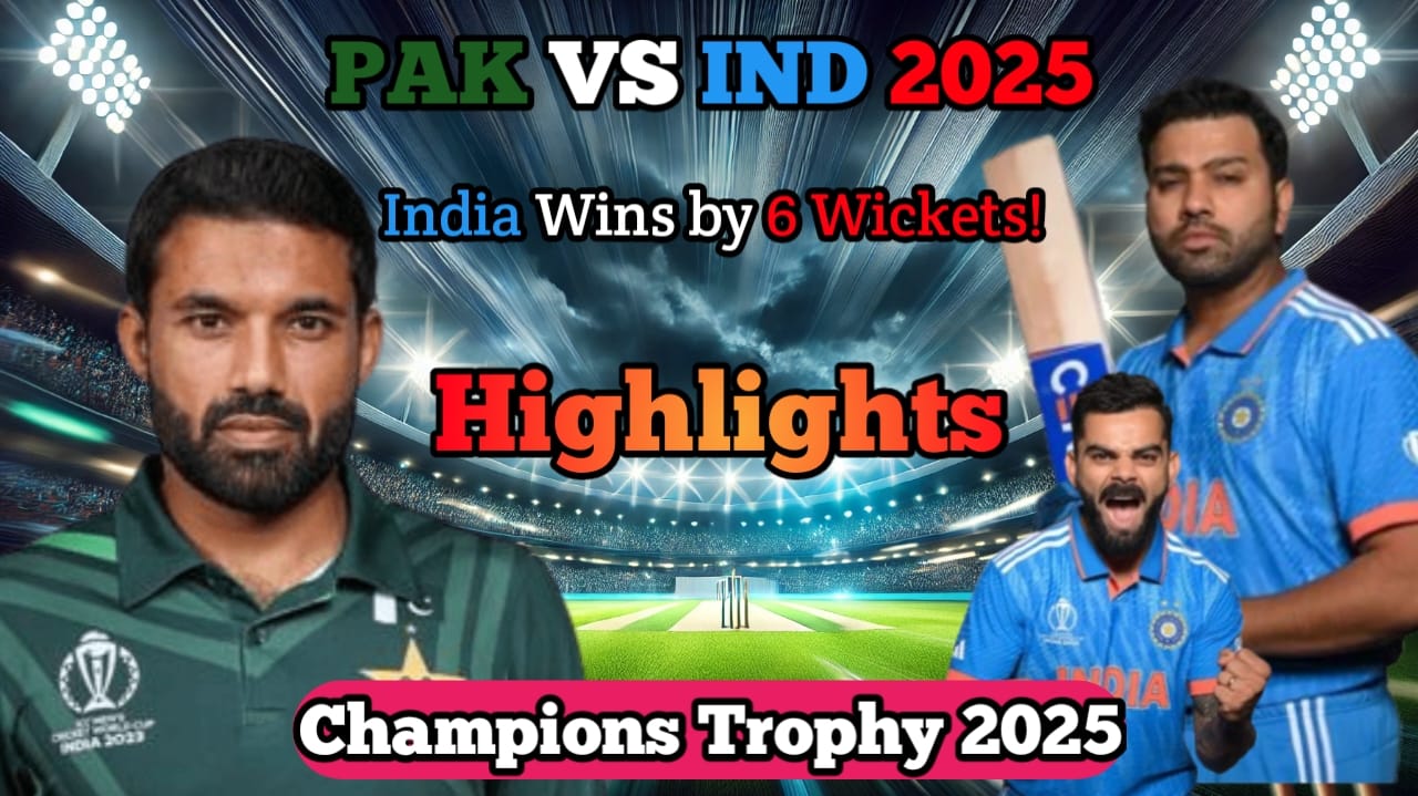 India vs Pakistan Champions Trophy 2025 thumbnail with Virat Kohli celebrating, a disappointed Pakistan player, a packed stadium, and bold text highlighting India's victory.