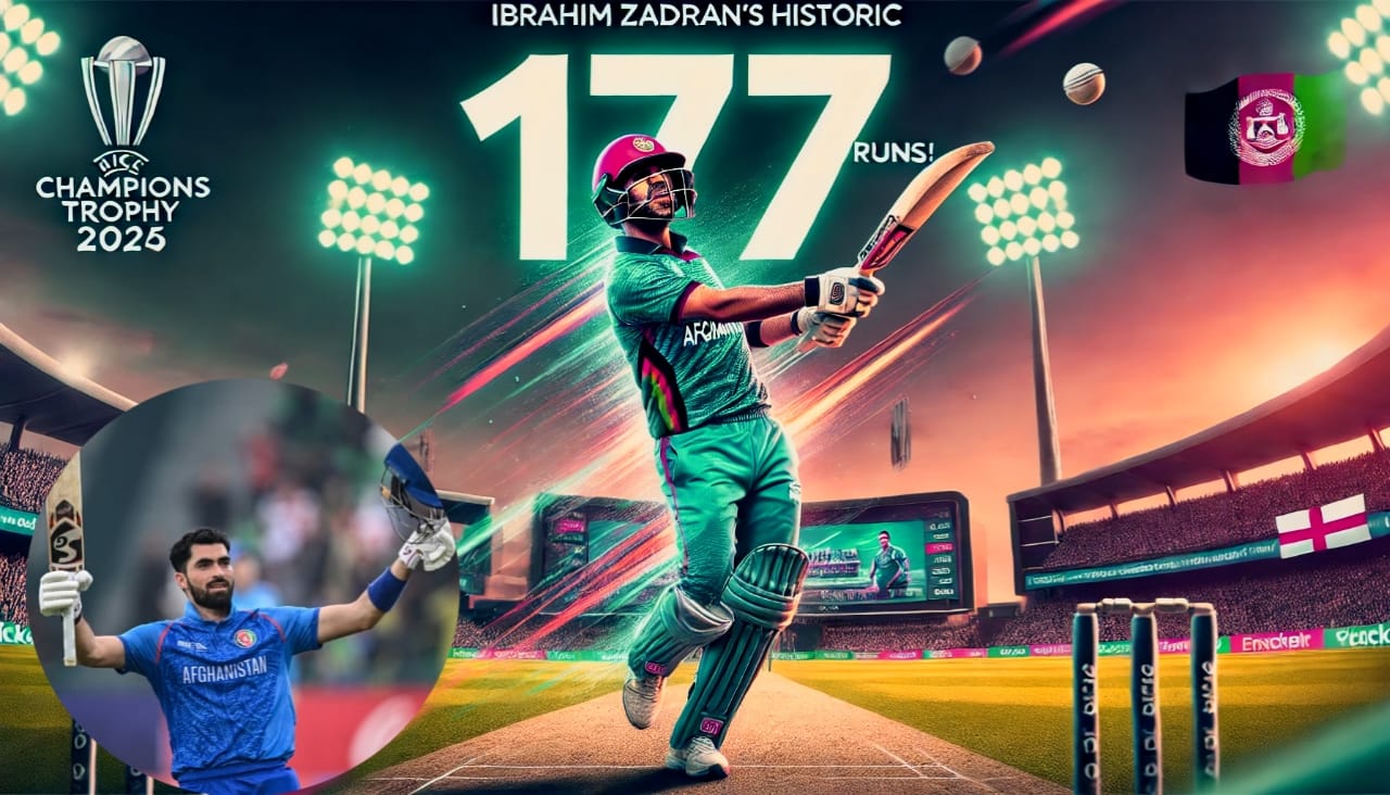 Ibrahim Zadran scoring a record-breaking 177 runs in Champions Trophy 2025 against England.