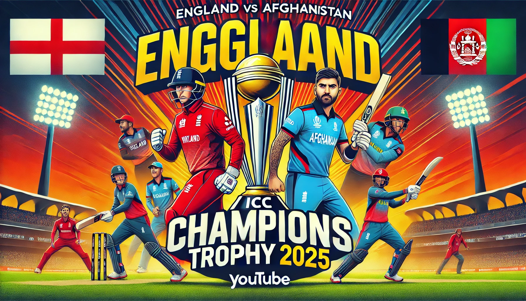 England vs Afghanistan Champions Trophy 2025 – High-energy cricket action featuring key players