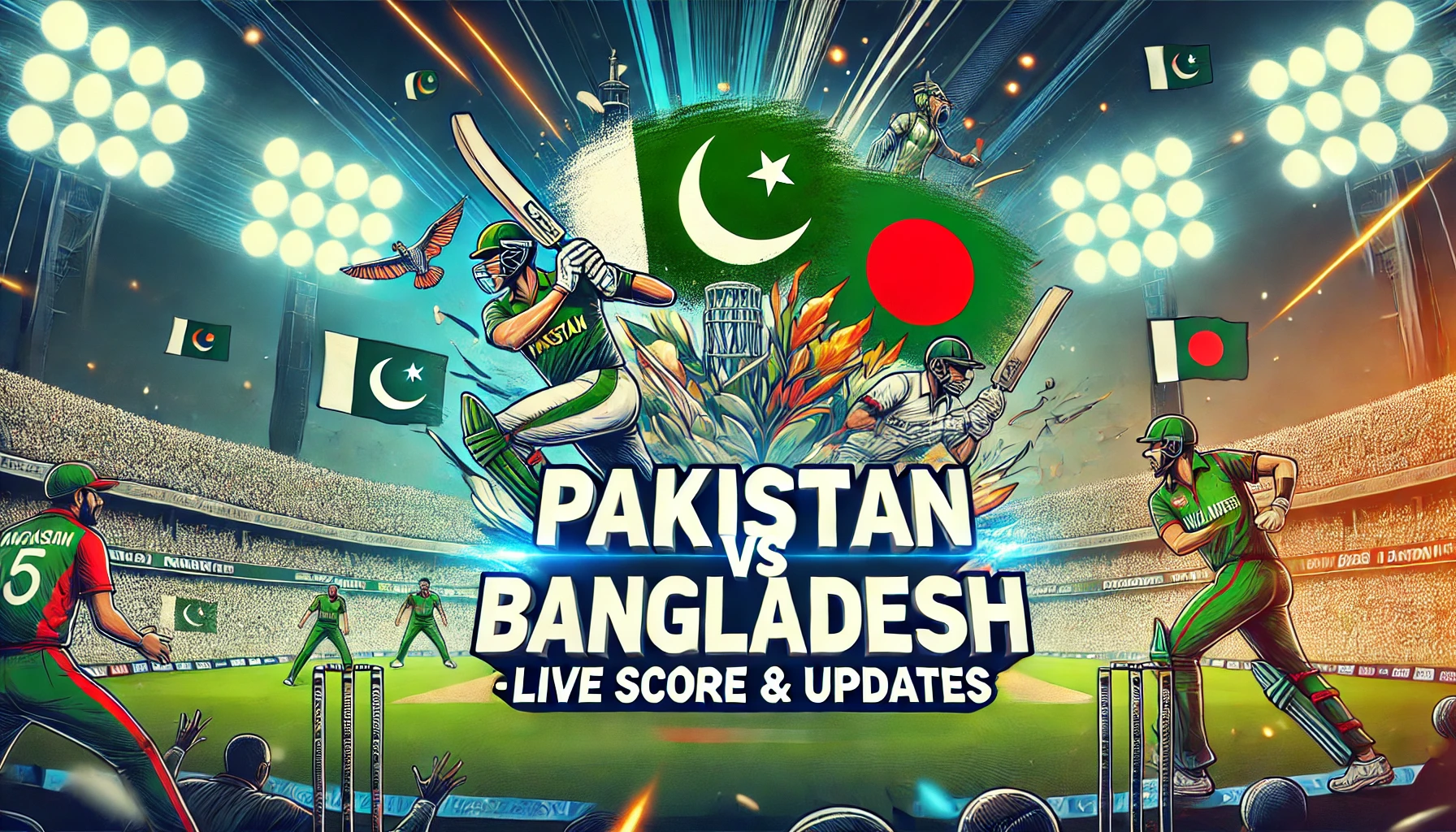 Pakistan vs Bangladesh Live Score & Updates – ICC Champions Trophy 2025 match thumbnail featuring cricket players in action with a stadium background.