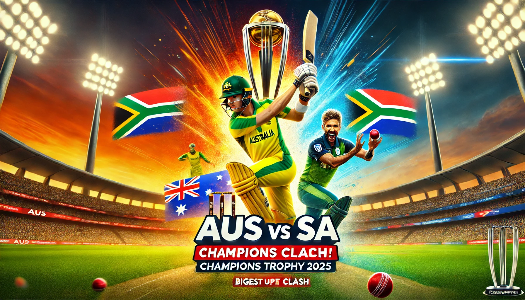 AUS vs SA ICC Champions Trophy 2025 – Australia batsman vs South Africa bowler in a high-energy stadium battle