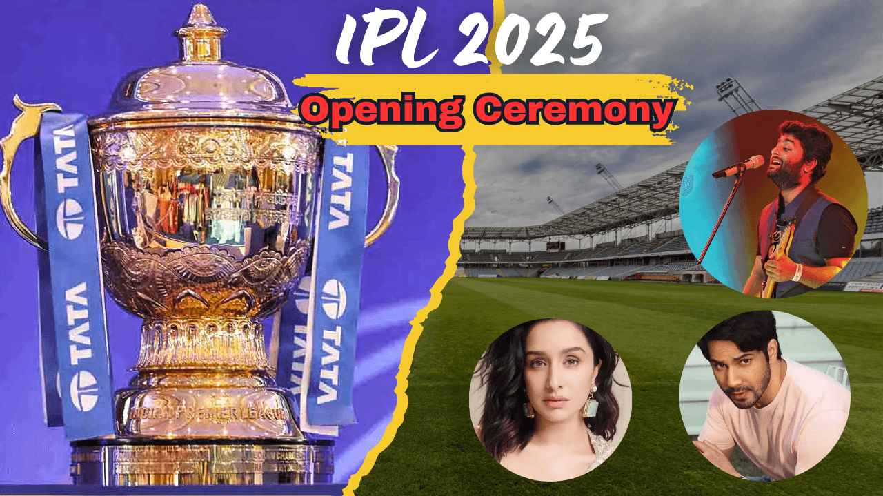 Bollywood stars Arijit Singh, Varun Dhawan, and Shraddha Kapoor performing at IPL 2025 Opening Ceremony